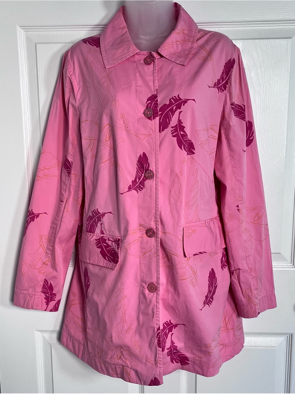 Michael Simon Pink Feather Print Cotton Trench Jacket Shacket Large L
